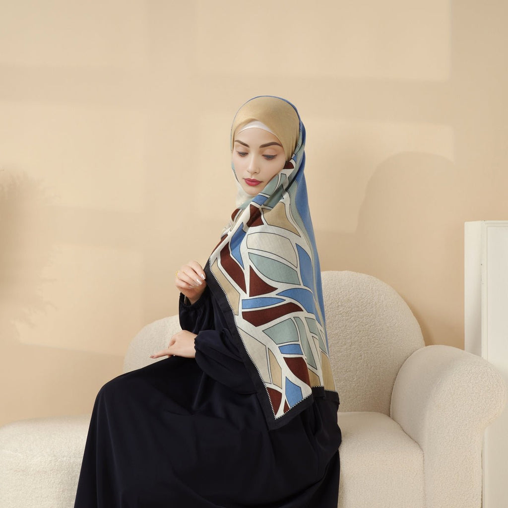 Mariam's Collection MH095 Printed Colorblock Geometric and Natural Floral Pattern Cotton and Linen Blend Shawl — main product