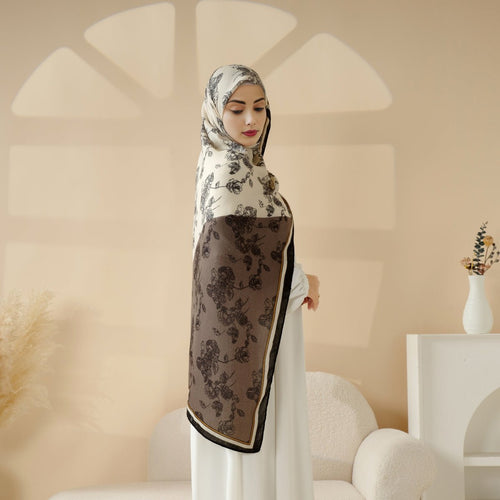MH095 Printed Colorblock Geometric and Natural Floral Pattern Cotton and Linen Blend Shawl