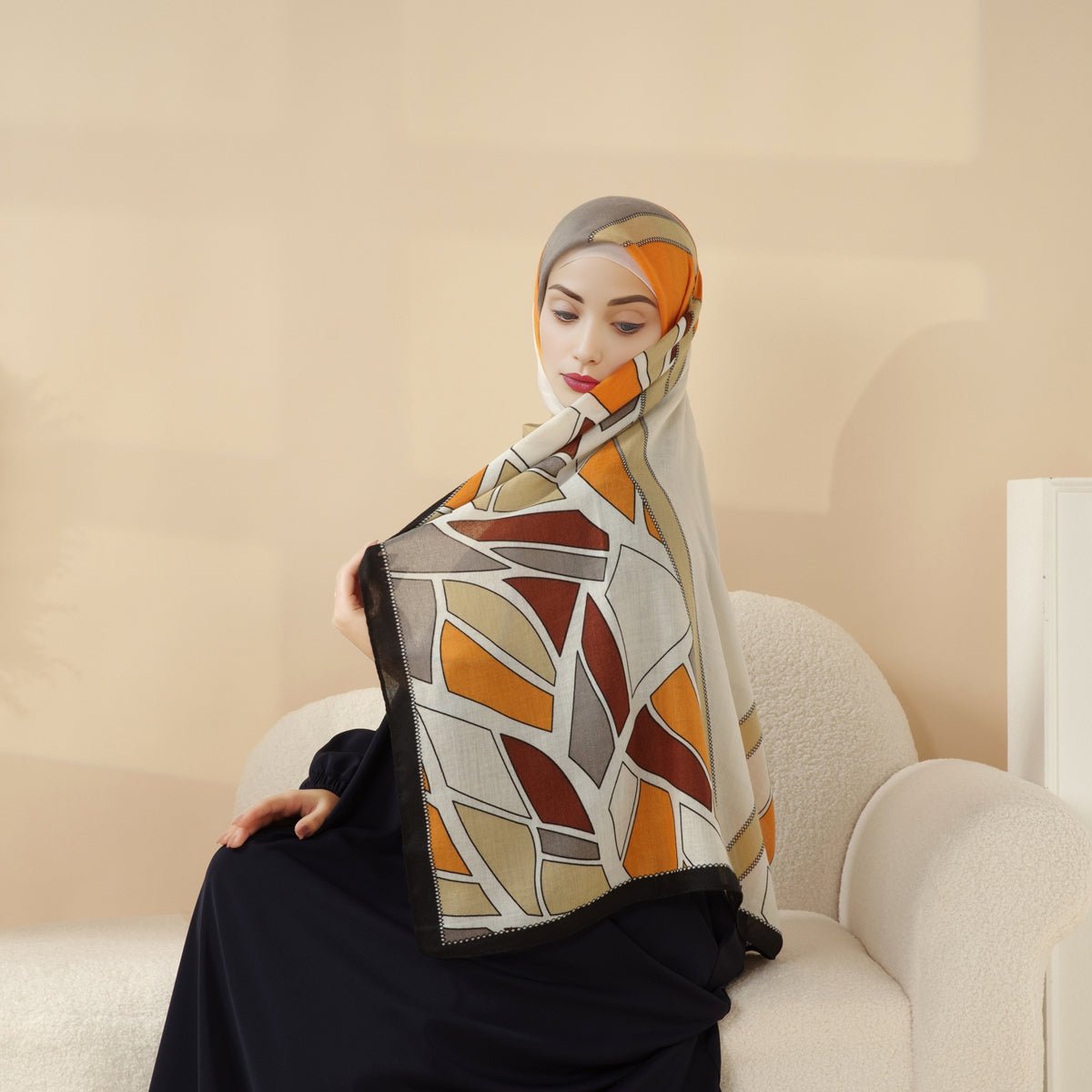 Mariam's Collection MH095 Printed Colorblock Geometric and Natural Floral Pattern Cotton and Linen Blend Shawl — product on m