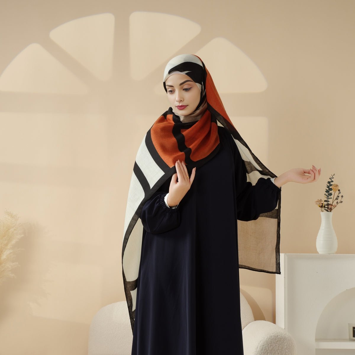 Mariam's Collection MH095 Printed Colorblock Geometric and Natural Floral Pattern Cotton and Linen Blend Shawl — feature high