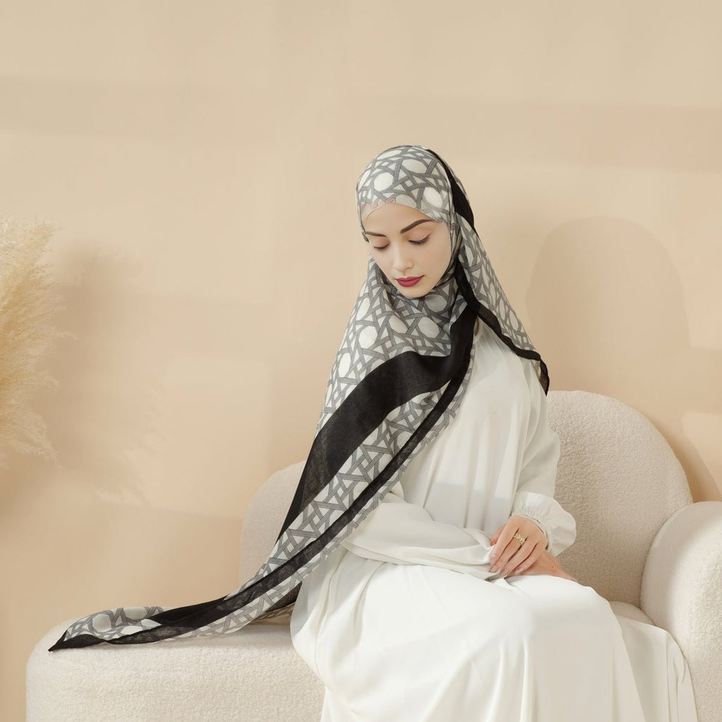 Mariam's Collection MH095 Printed Colorblock Geometric and Natural Floral Pattern Cotton and Linen Blend Shawl — fabric or ma