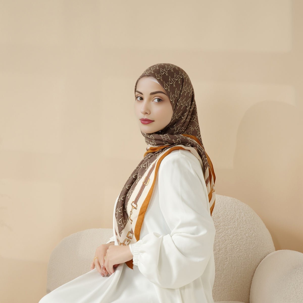 Mariam's Collection Mariam's Collection MH096 Printed Cashmere Touch Square Hijab — lifestyle worn / used context