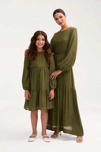 Mila Tiered Dress - Olive Green (Girls) Clothing Veiled 