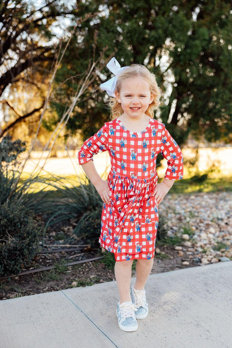 Mila & Rose ® Nebraska Plaid Herbie Husker 3/4 Sleeve Pocket Twirl Dress — detail close-up