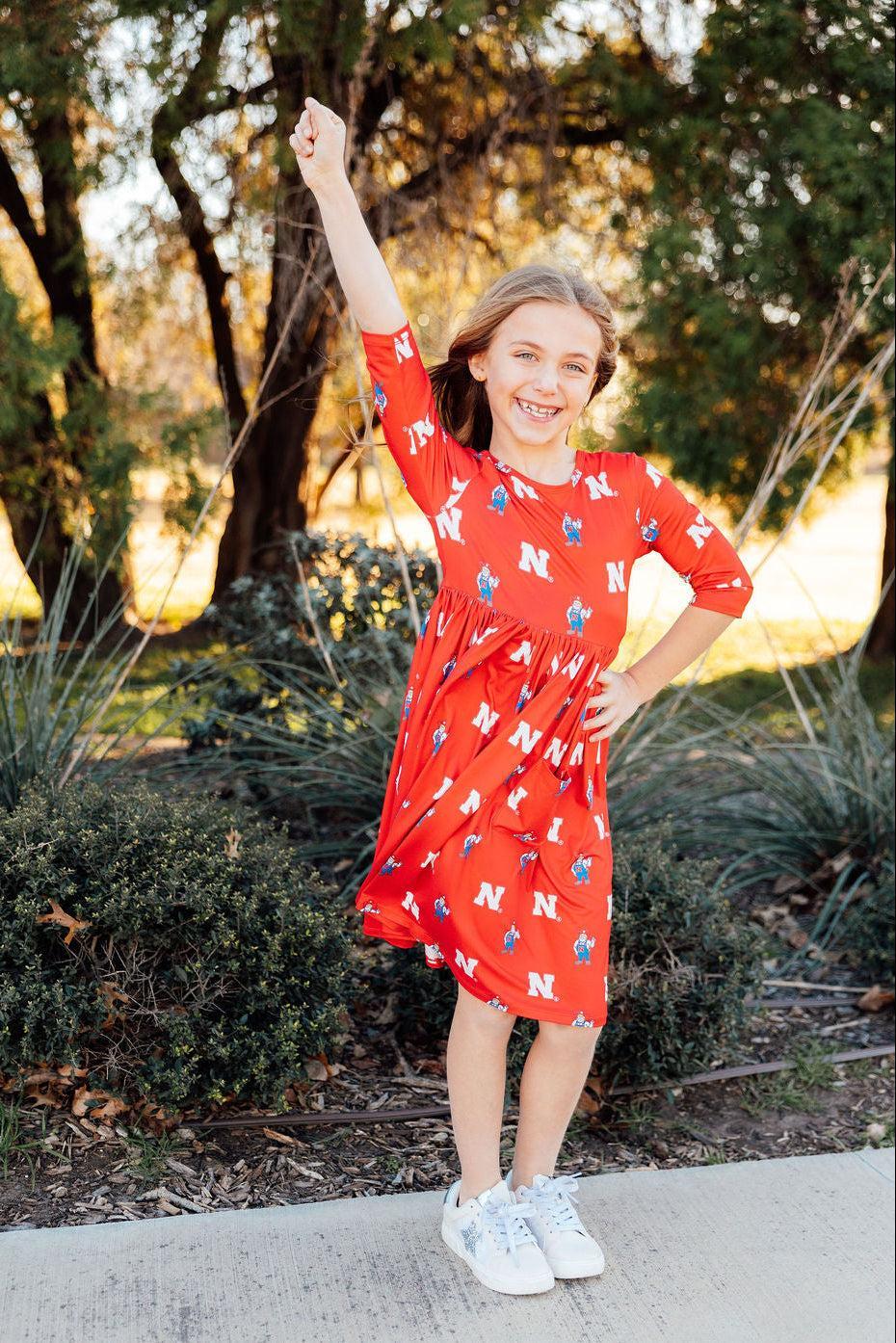 Mila & Rose ® Nebraska Red Herbie Husker 3/4 Sleeve Pocket Twirl Dress — detail close-up