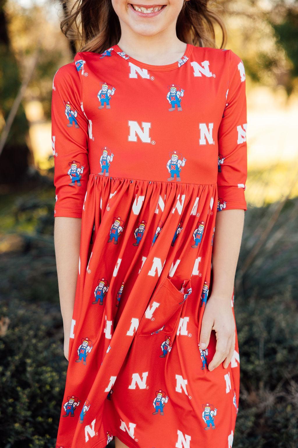 Mila & Rose ® Nebraska Red Herbie Husker 3/4 Sleeve Pocket Twirl Dress — side view