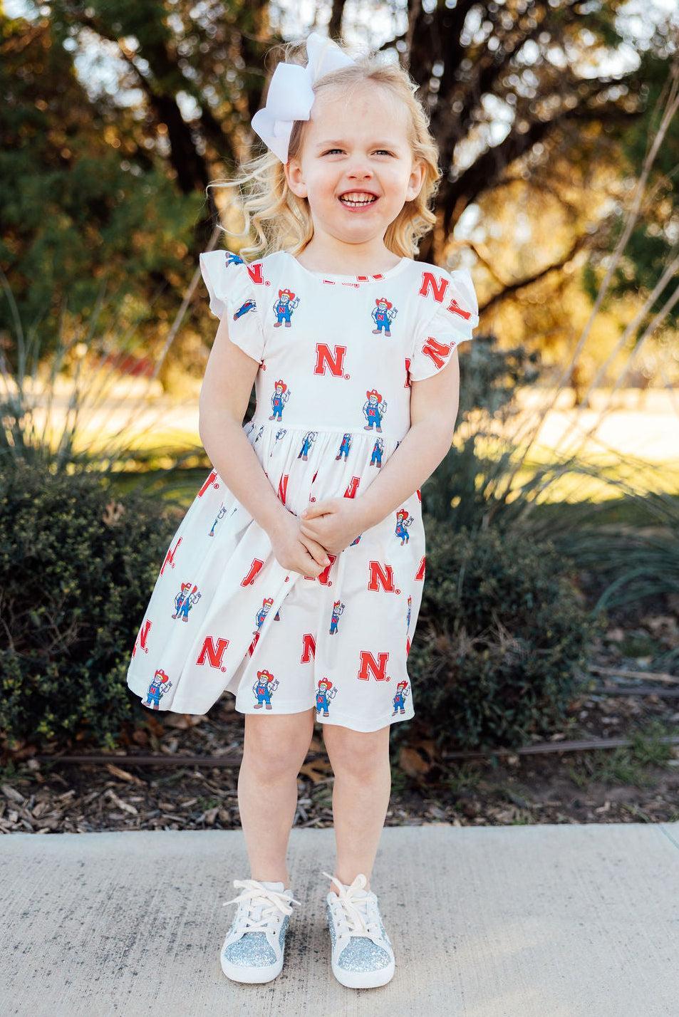 Mila & Rose ® Nebraska White Herbie Husker Flutter Twirl Dress — detail close-up