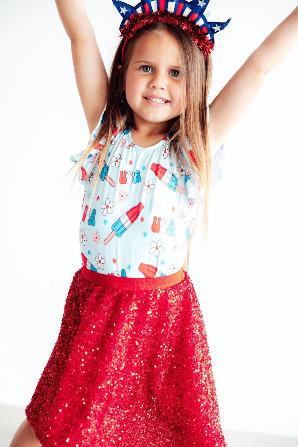 Mila & Rose ® SALE Proudly Patriotic S/S Flutter Sleeve Leotard — lifestyle context