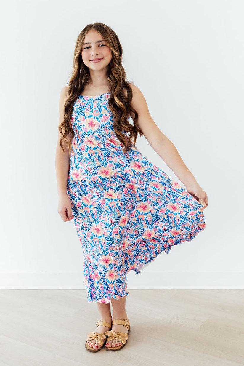 Mila & Rose ® Watercolor Floral Ruffle Maxi Dress — detail close-up