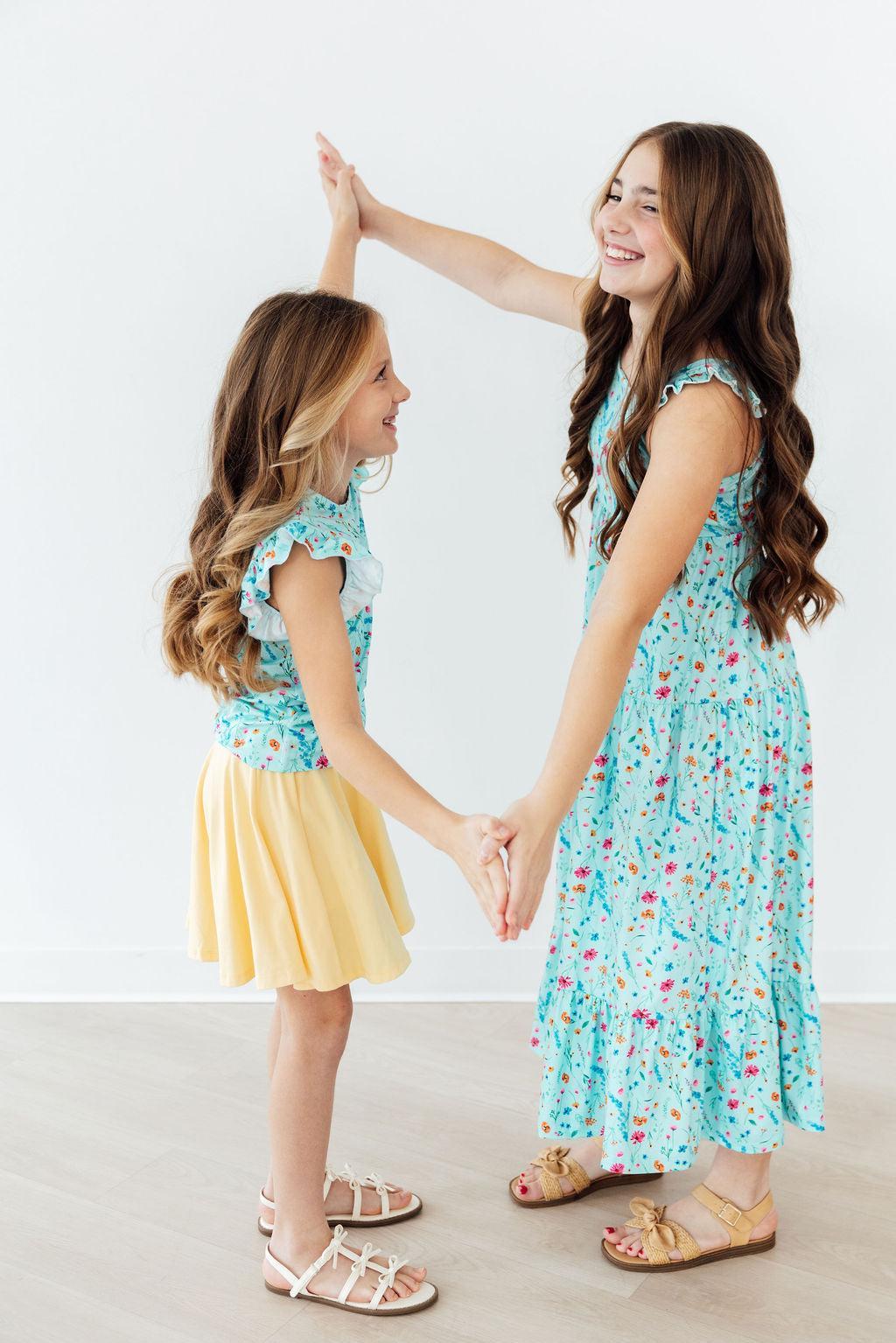 Mila & Rose ® Bluebell Breeze Ruffle Maxi Dress — detail close-up