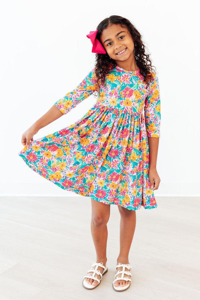 Mila & Rose ® Floral Fiesta 3/4 Sleeve Pocket Twirl Dress — detail close-up