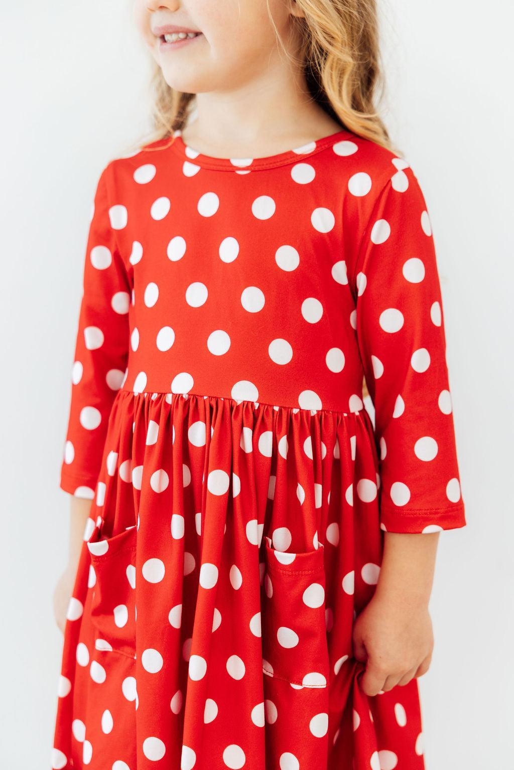 Mila & Rose ® Red Polka Dots 3/4 Sleeve Pocket Twirl Dress — lifestyle context