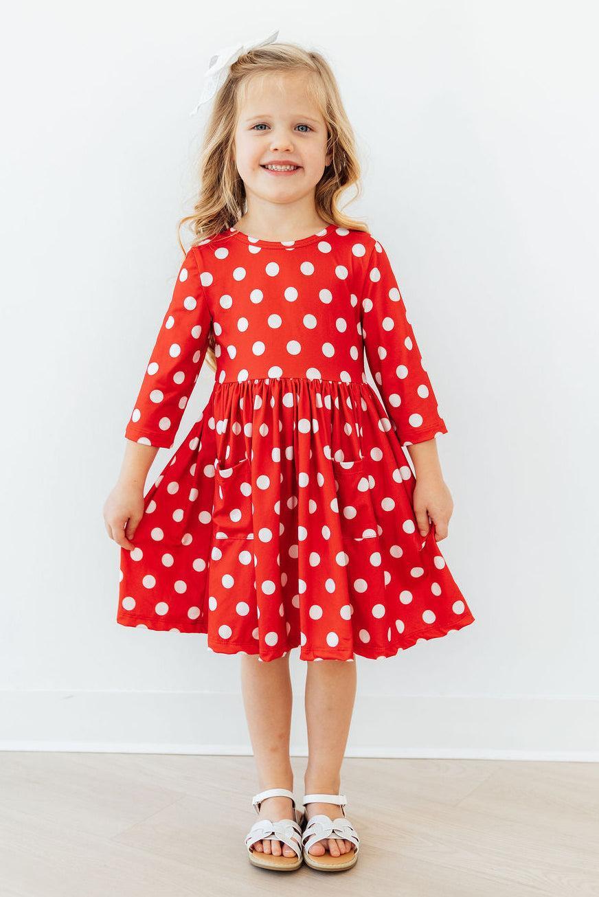 Mila & Rose ® Red Polka Dots 3/4 Sleeve Pocket Twirl Dress — side view