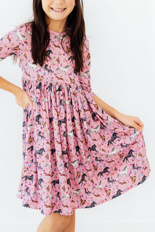 Mila & Rose ® Petals & Ponies 3/4 Sleeve Pocket Twirl Dress — detail close-up