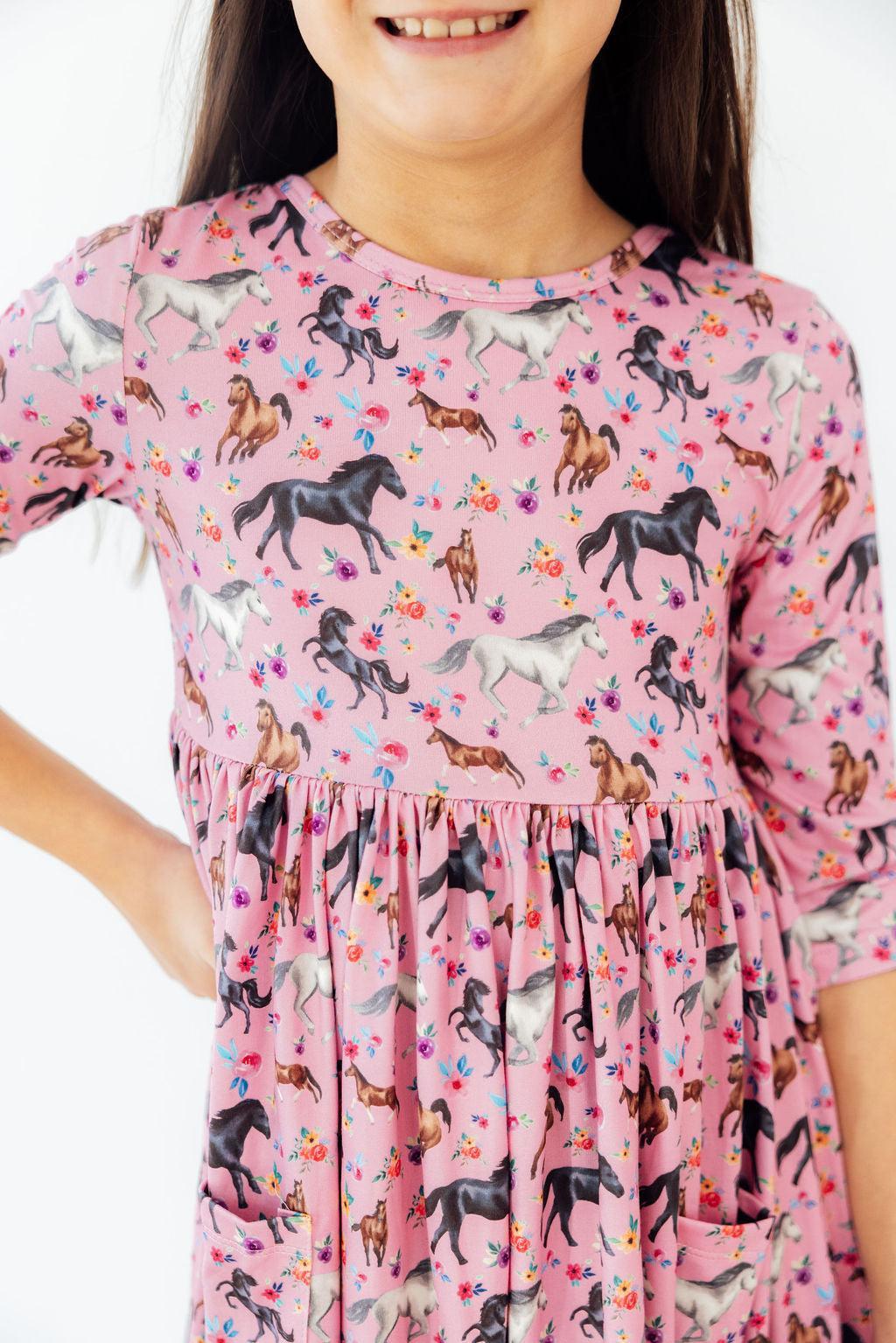 Mila & Rose ® Petals & Ponies 3/4 Sleeve Pocket Twirl Dress — main product shot