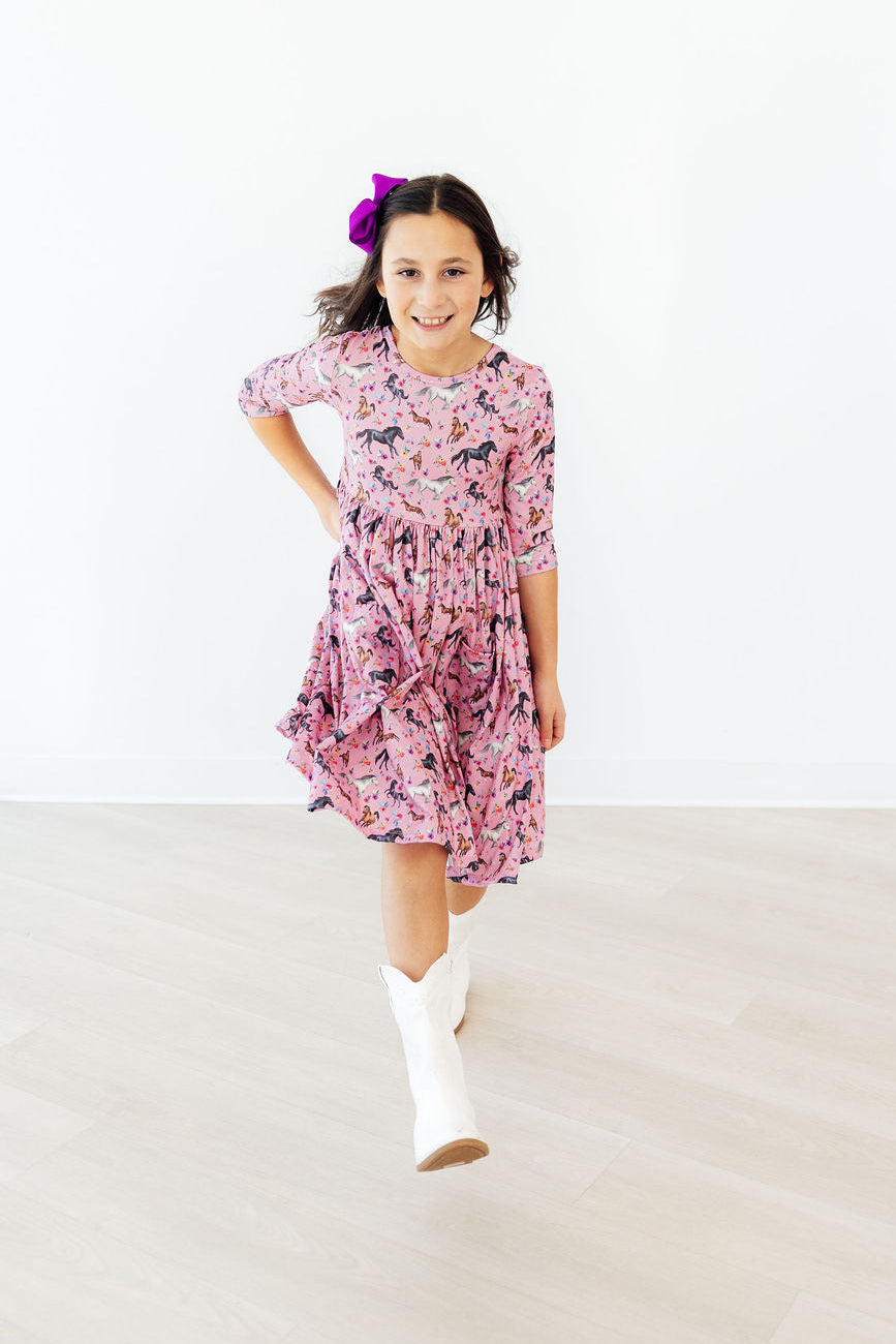 Mila & Rose ® Petals & Ponies 3/4 Sleeve Pocket Twirl Dress — lifestyle context