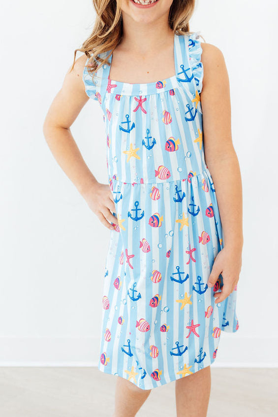 Mila & Rose ® Tidepool Treasures Ruffle Cross Back Dress — side view
