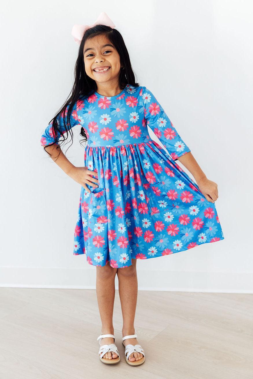 Mila & Rose ® Cotton Candy Daisy 3/4 Sleeve Pocket Twirl Dress — detail close-up