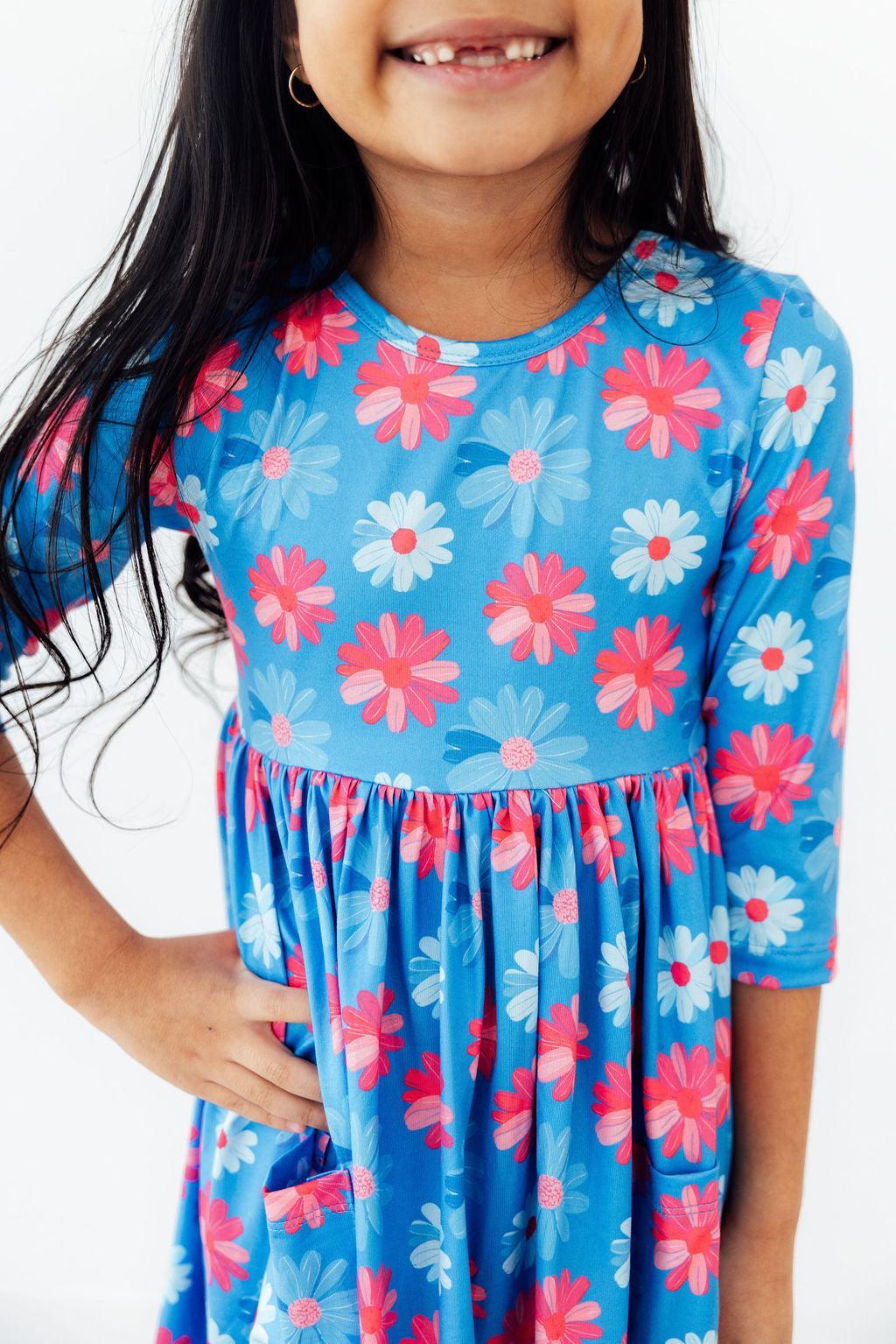 Mila & Rose ® Cotton Candy Daisy 3/4 Sleeve Pocket Twirl Dress — main product shot
