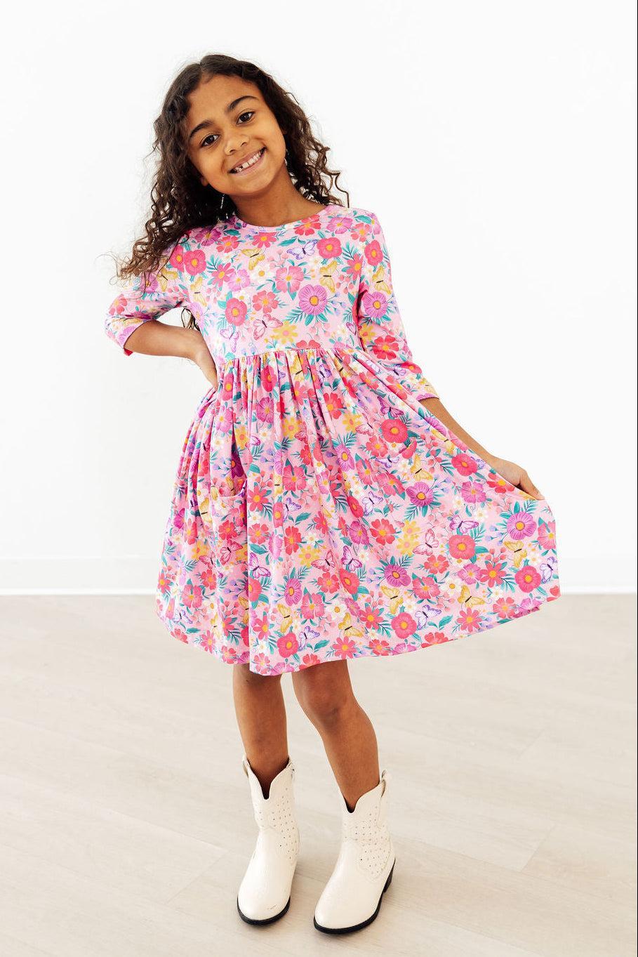 Mila & Rose ® Fluttering Garden 3/4 Sleeve Pocket Twirl Dress — lifestyle context