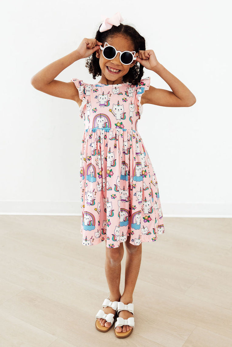 Mila & Rose ® Rainbow Purr-fection Flutter Sleeve Twirl Dress — detail close-up