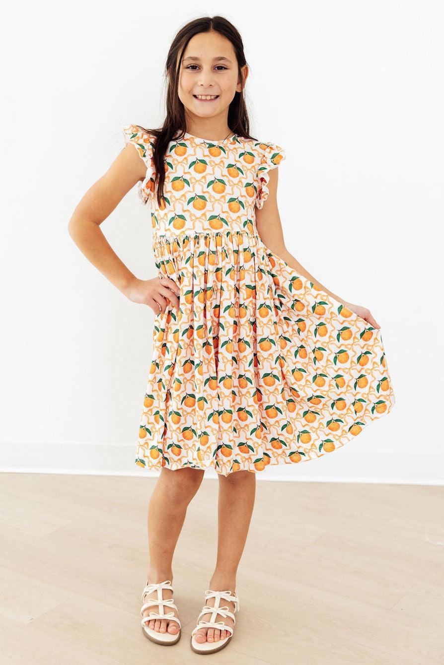 Mila & Rose ® Orange Orchard Flutter Sleeve Twirl Dress — detail close-up