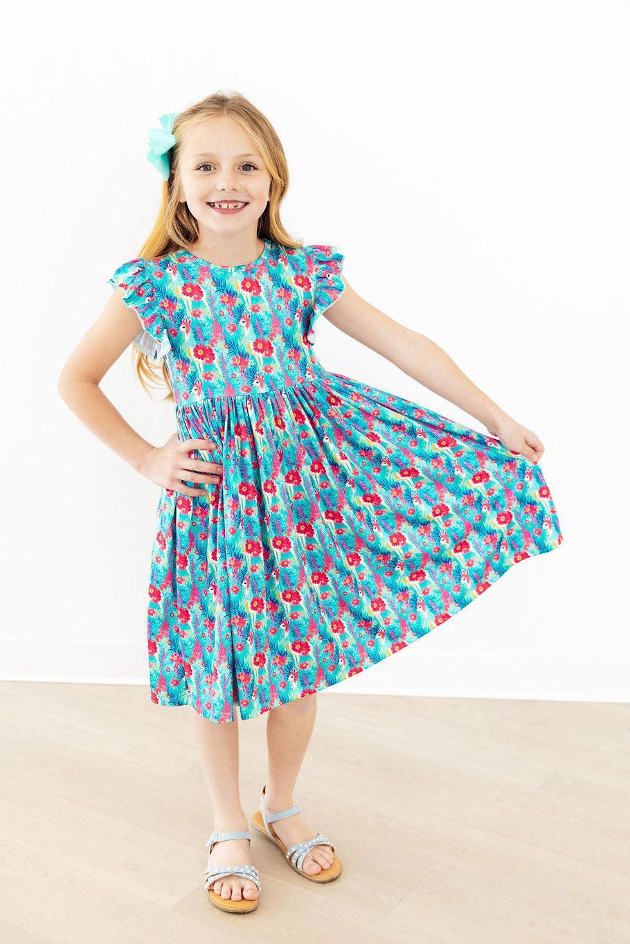 Mila & Rose ® Lovely Llamas Flutter Sleeve Twirl Dress — lifestyle context