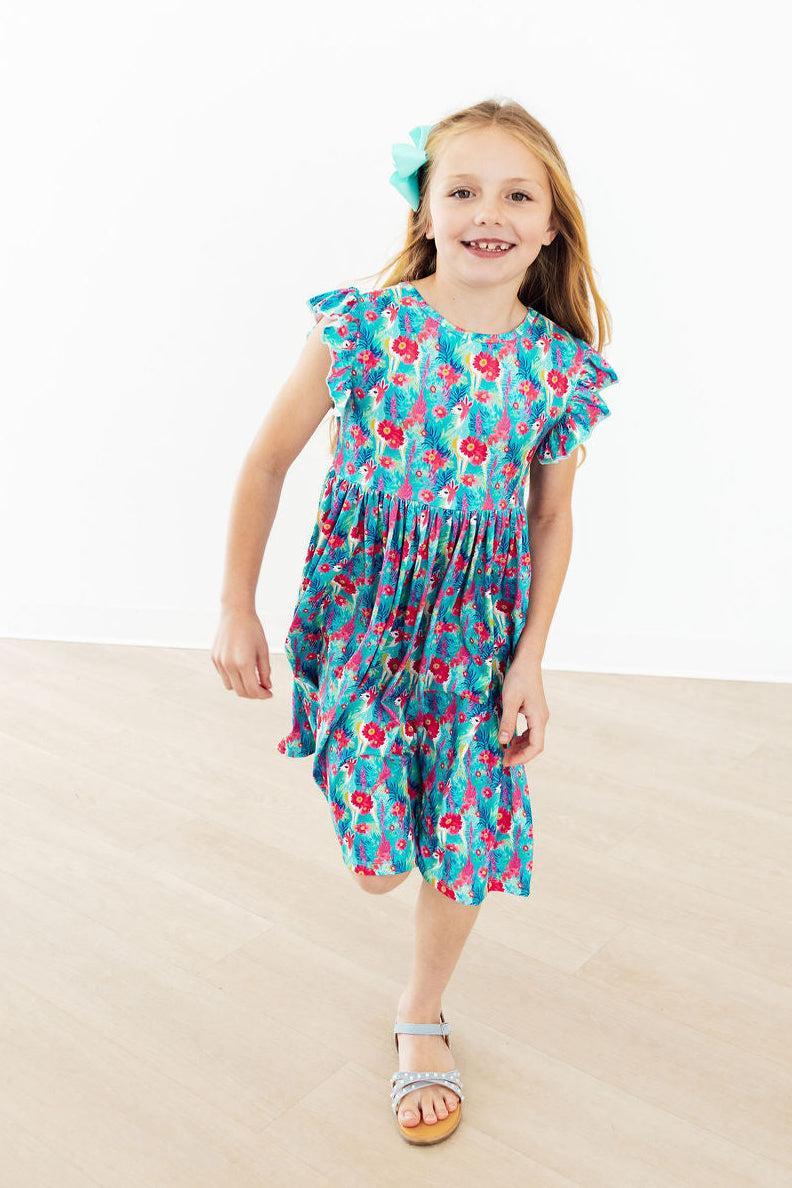 Mila & Rose ® Lovely Llamas Flutter Sleeve Twirl Dress — detail close-up