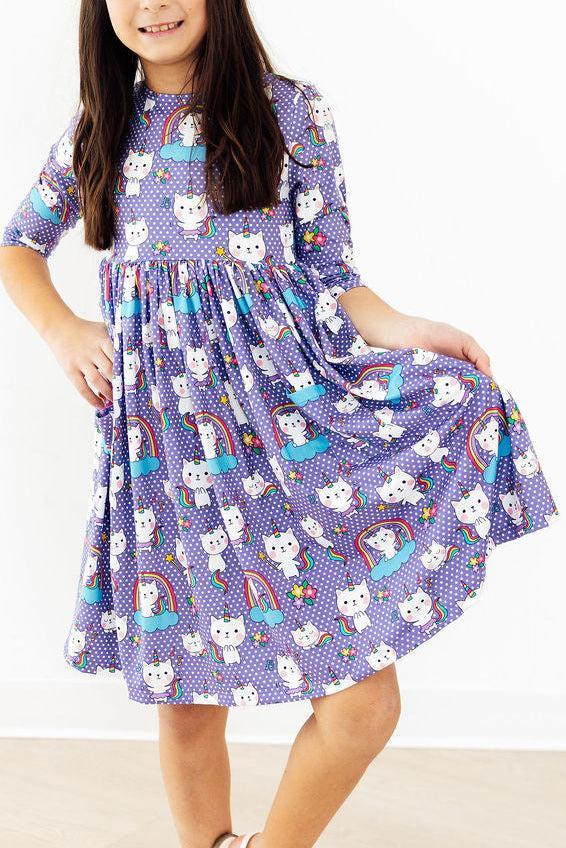 Mila & Rose ® Kitties in the Clouds 3/4 Sleeve Pocket Twirl Dress — lifestyle context