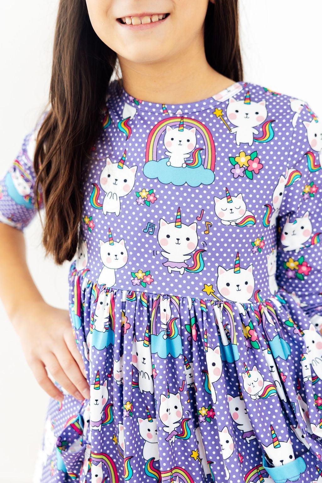 Mila & Rose ® Kitties in the Clouds 3/4 Sleeve Pocket Twirl Dress — main product shot