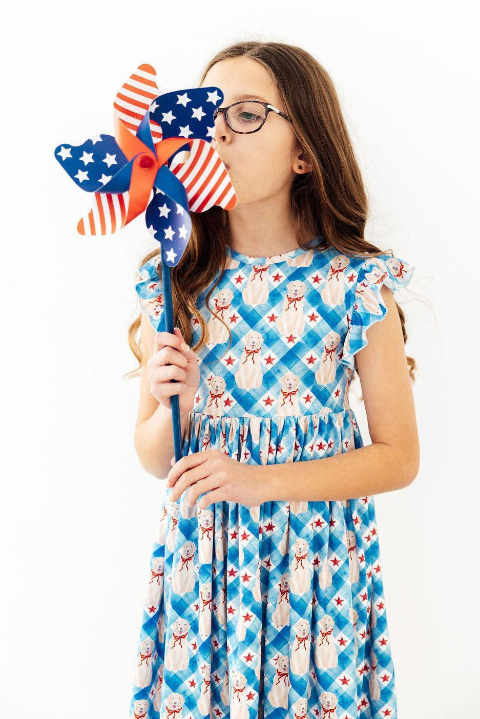 Mila & Rose ® Star Spangled Pups Flutter Sleeve Twirl Dress — detail close-up