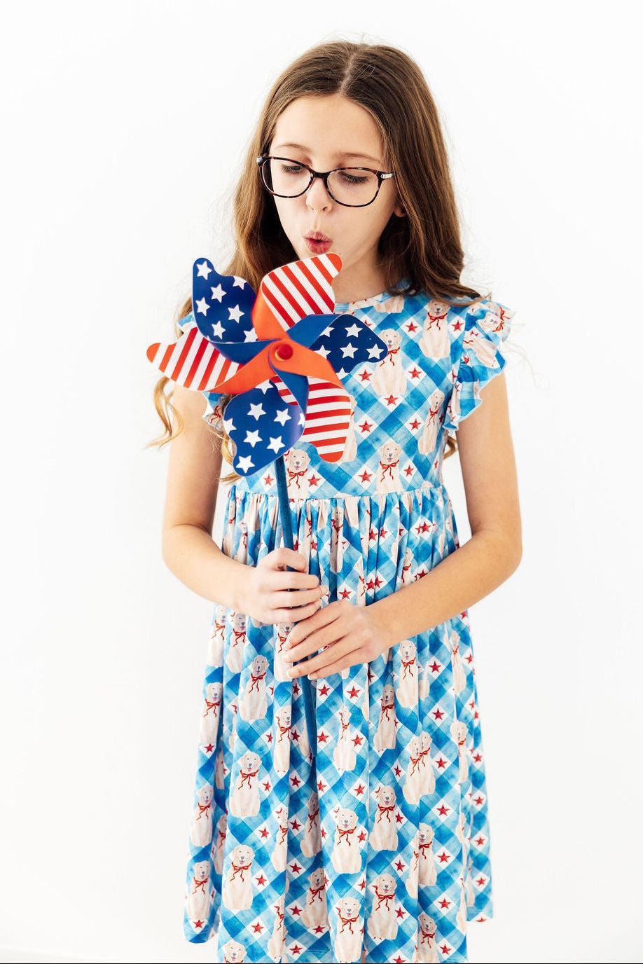 Mila & Rose ® Star Spangled Pups Flutter Sleeve Twirl Dress — side view