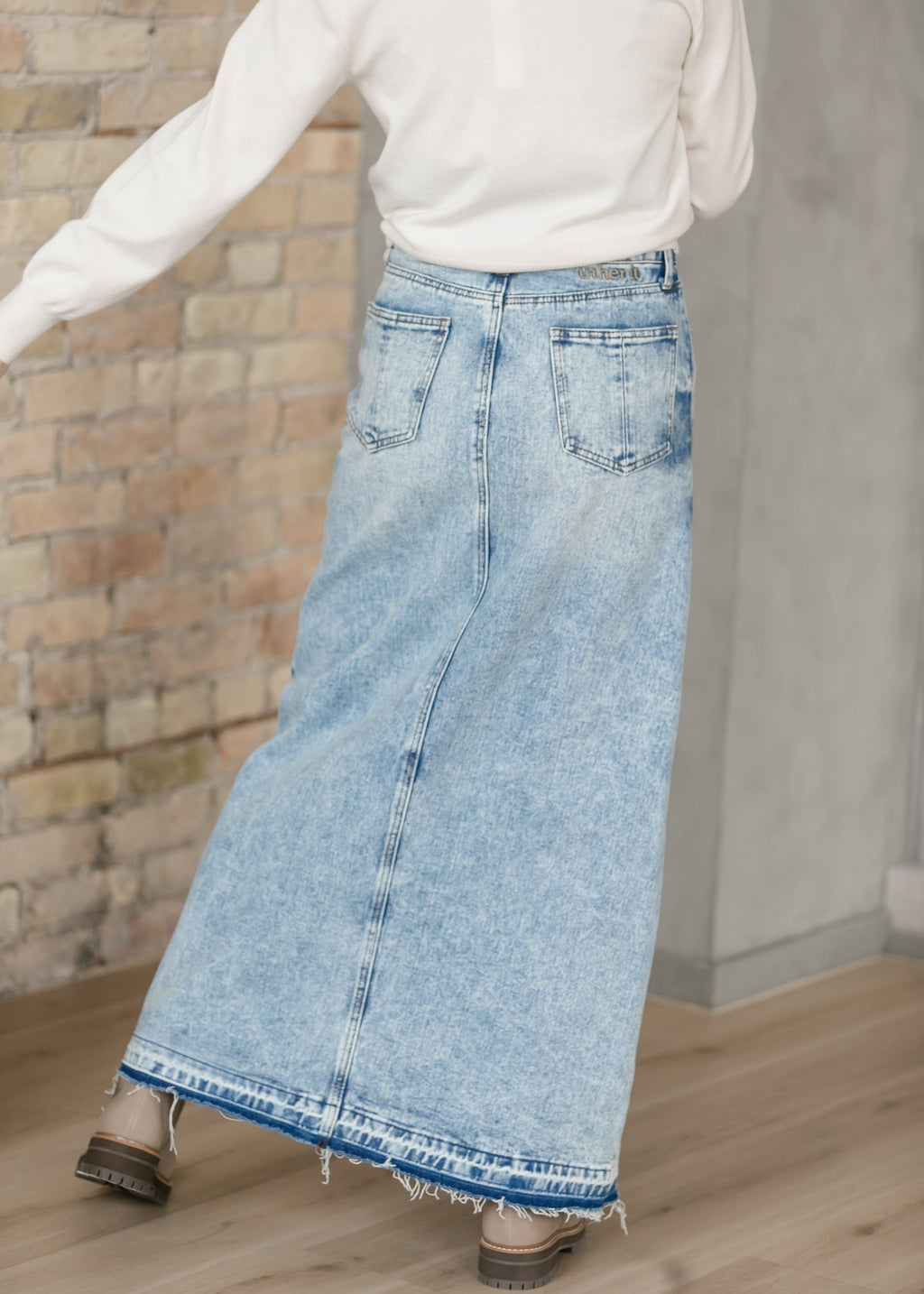 Inherit Co. Mina Denim Maxi Skirt — in-use photo