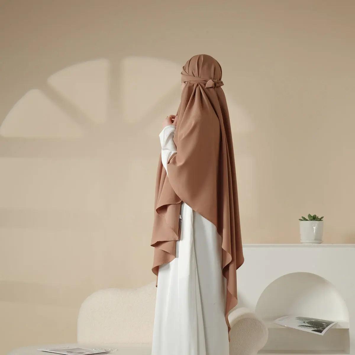 Mariam's Collection MK001 Niqab Attached 1-Layer Nida Plain Khimar — Mariam's Collection branding close-up