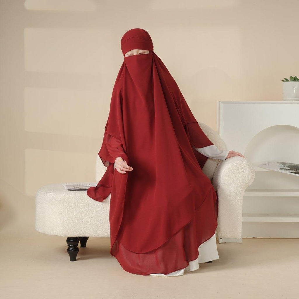 Mariam's Collection MK018 Chiffon Long Khimar  Double Layers Front and Back Khimar — Mariam's Collection branding close-up