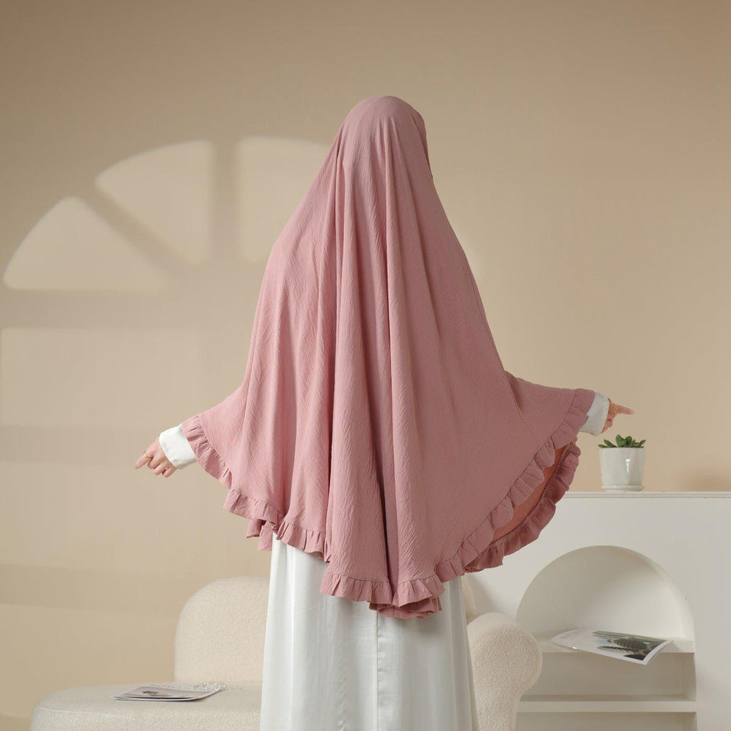 Mariam's Collection Mariam's Collection MK019 Ruffled Solid Elastic Long Shawl Khimar — lifestyle worn / used context