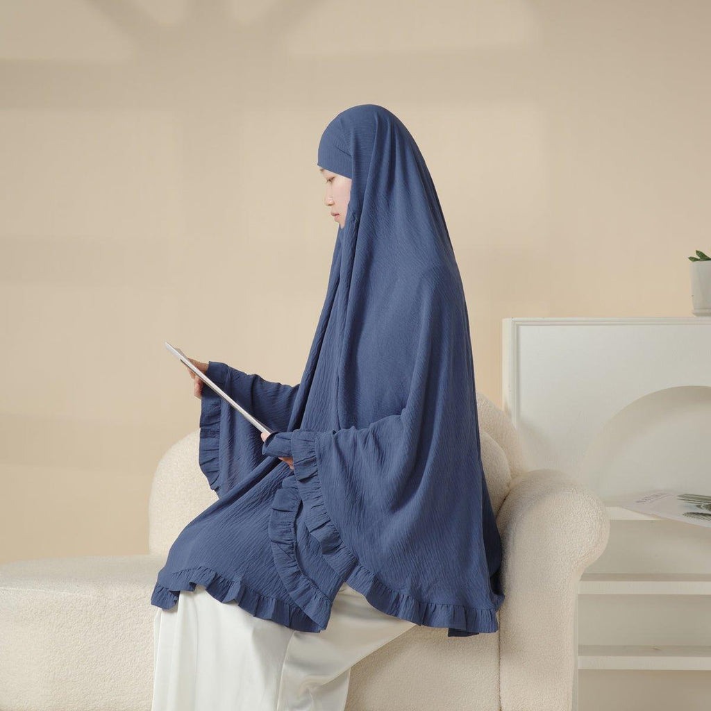 Mariam's Collection Mariam's Collection MK019 Ruffled Solid Elastic Long Shawl Khimar — Mariam's Collection branding close-up