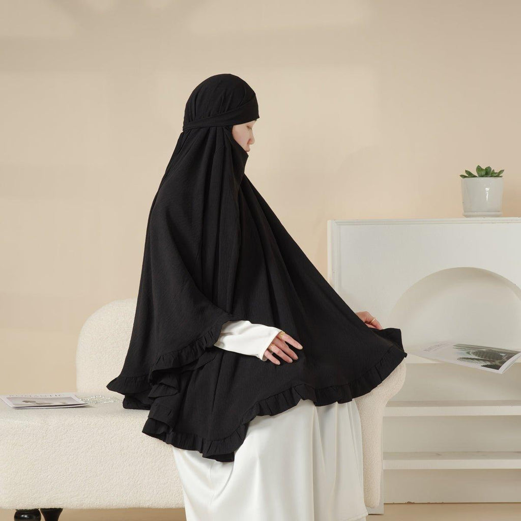Mariam's Collection MK019 Ruffled Solid Elastic Long Shawl Khimar — fabric or material detail