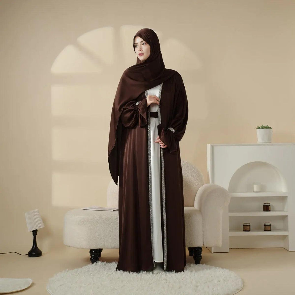 Mariam's Collection Poet Sleeve Satin Open Abaya With Matching Belt and Hijab (MOA009) — product on model
