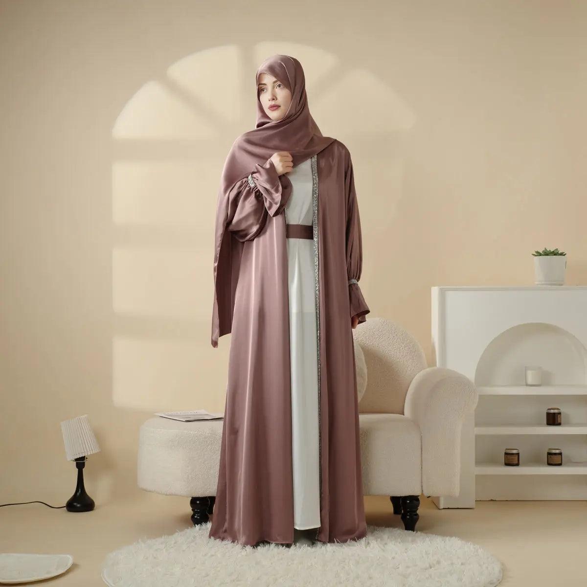 Mariam's Collection Poet Sleeve Satin Open Abaya With Matching Belt and Hijab (MOA009) — detail shot 6