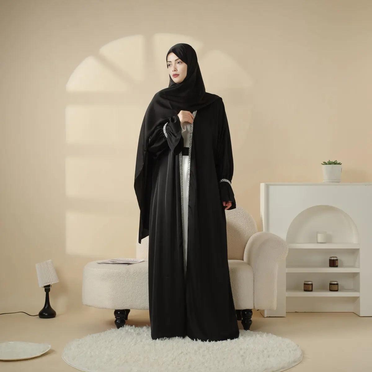 Mariam's Collection Poet Sleeve Satin Open Abaya With Matching Belt and Hijab (MOA009) — detail shot 9