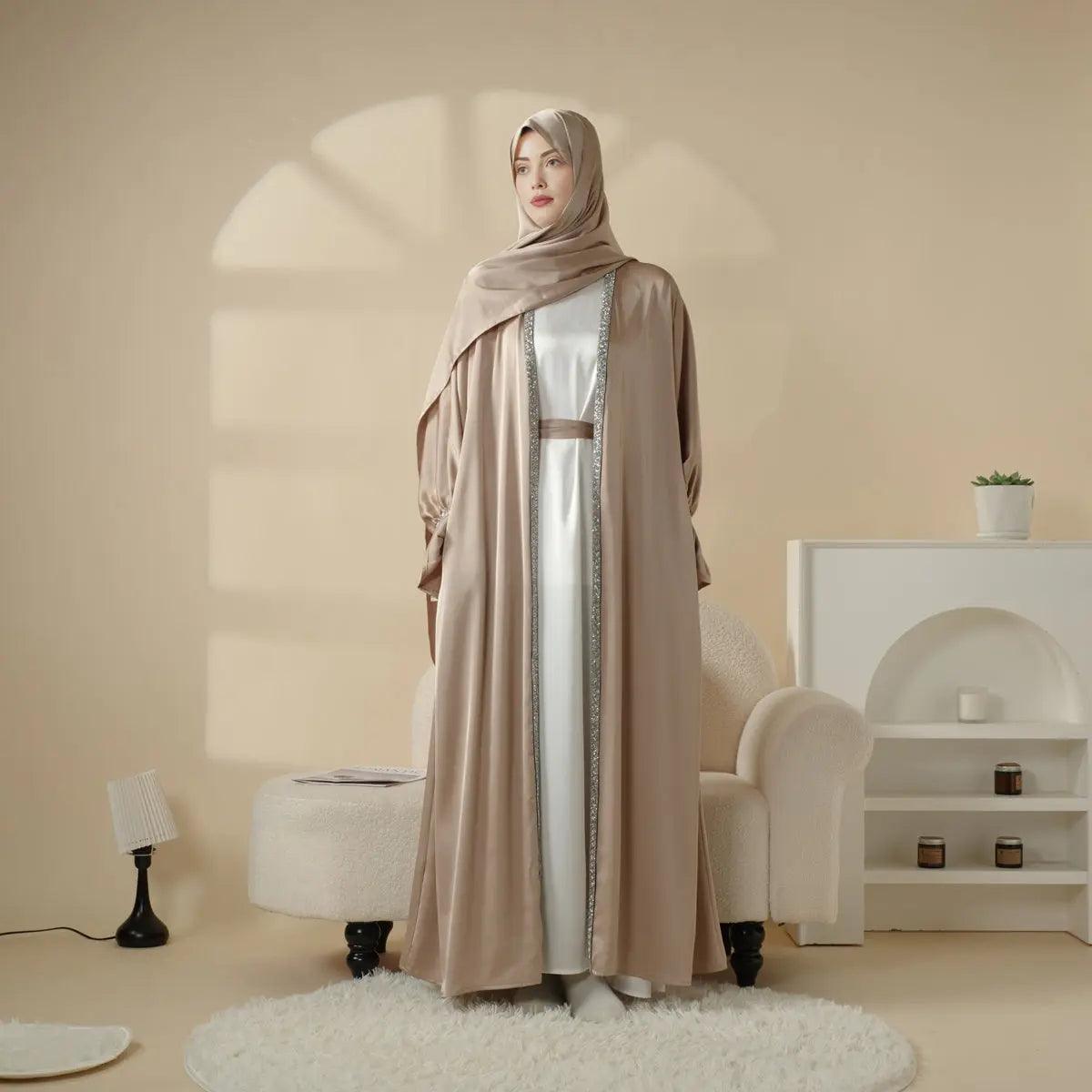 Mariam's Collection Poet Sleeve Satin Open Abaya With Matching Belt and Hijab (MOA009) — Mariam's Collection branding close-up