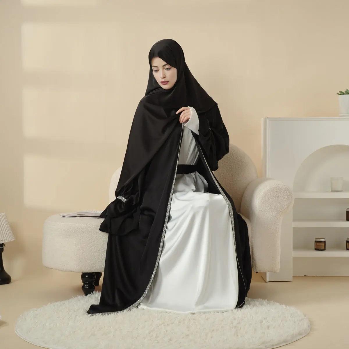 Mariam's Collection Poet Sleeve Satin Open Abaya With Matching Belt and Hijab (MOA009) — detail shot 10