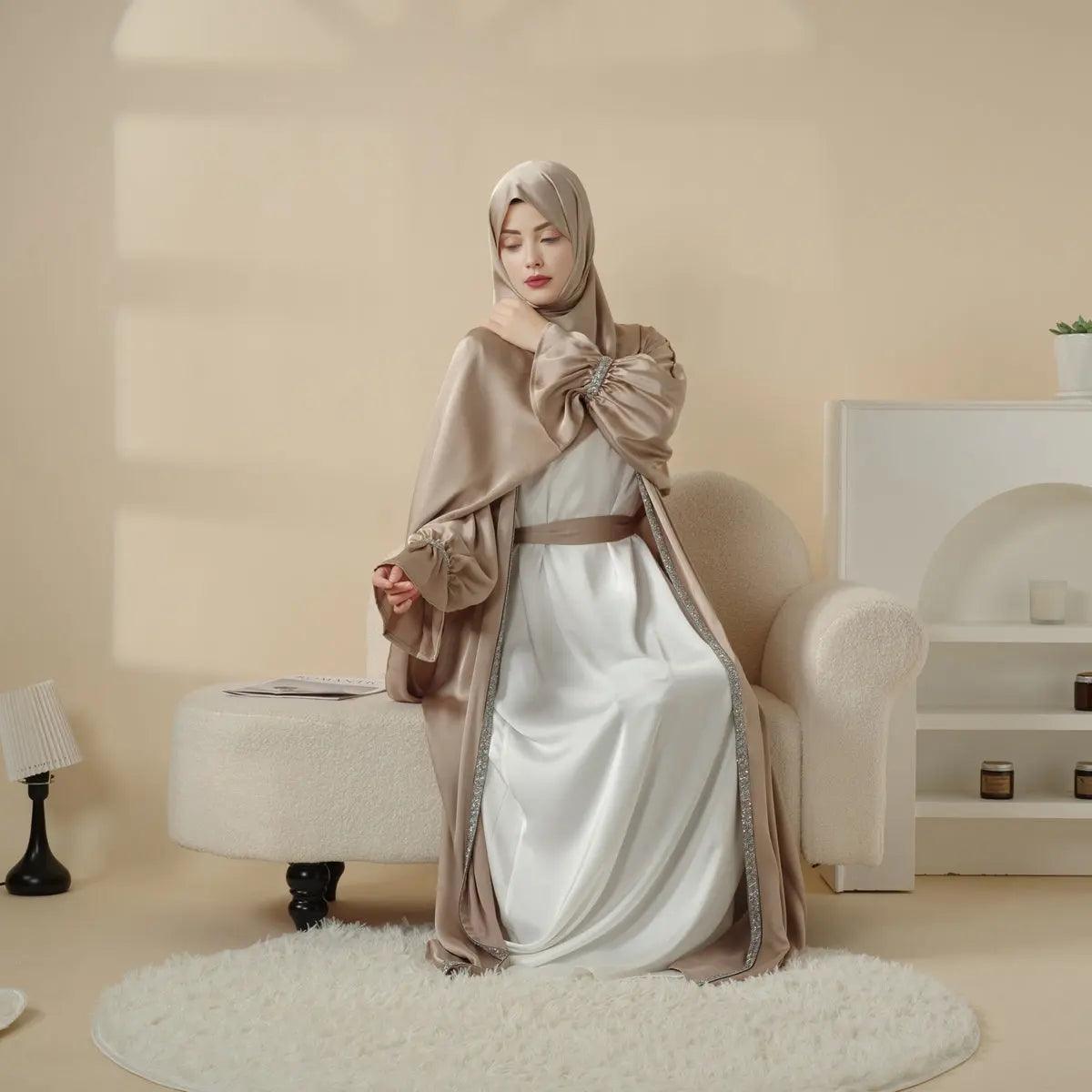 Mariam's Collection Poet Sleeve Satin Open Abaya With Matching Belt and Hijab (MOA009) — lifestyle worn / used context
