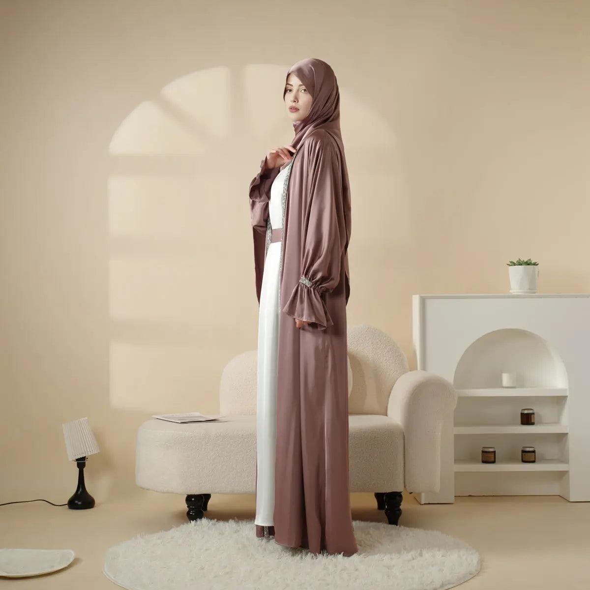 Mariam's Collection Poet Sleeve Satin Open Abaya With Matching Belt and Hijab (MOA009) — detail shot 7