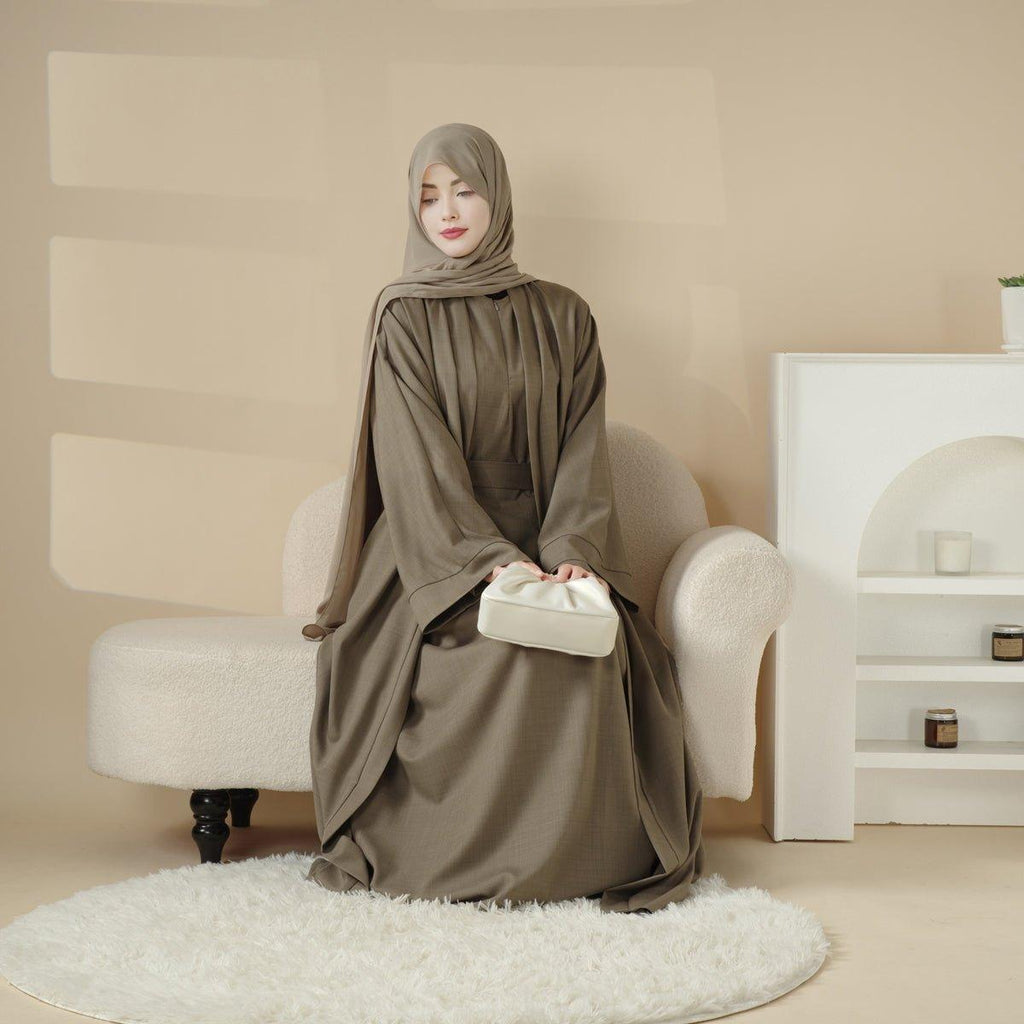 Mariam's Collection Mariam's Collection Plain Linen Abaya 3-Piece Set (MOA016) — lifestyle worn / used context