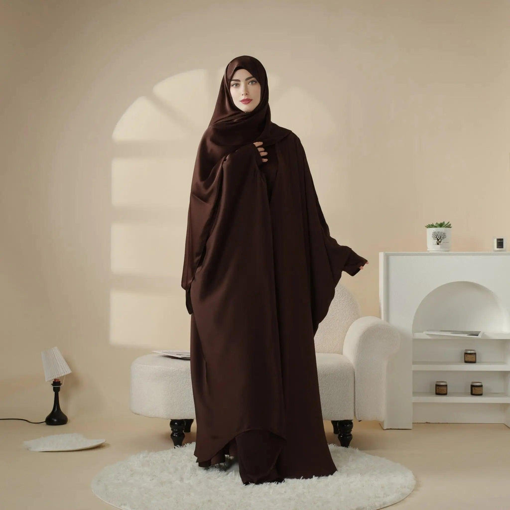 Mariam's Collection 5-Piece Set Butterfly Abaya With Niqab, Loose Full Cover Satin Abaya (MOA019) — flat-lay composition