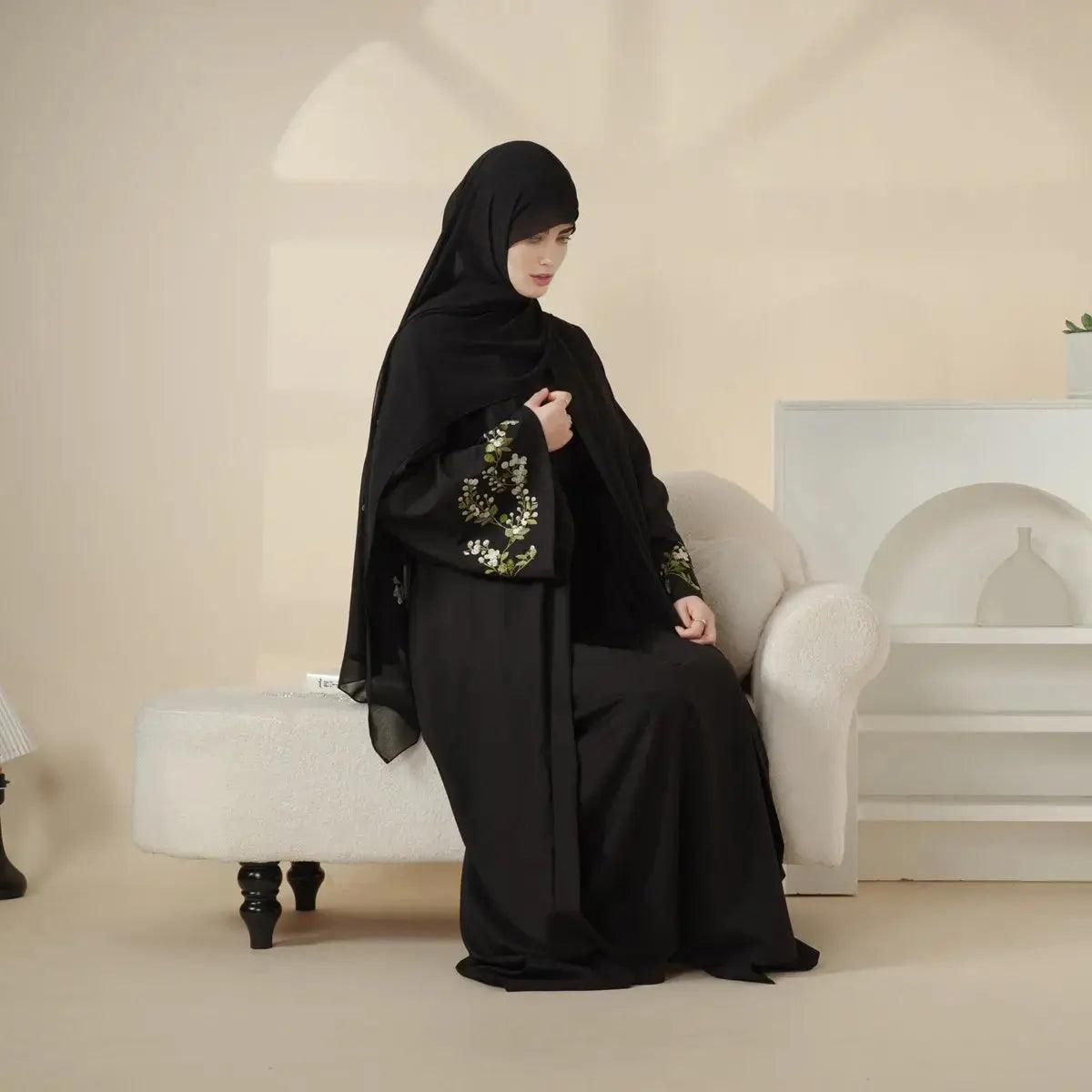 Mariam's Collection Olive Branch Embroidered Linen Abaya Set With Matching Belt & Hijab (MOA037) — detail shot 9