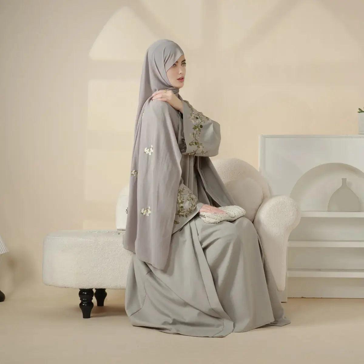 Mariam's Collection Olive Branch Embroidered Linen Abaya Set With Matching Belt & Hijab (MOA037) — comparison shot