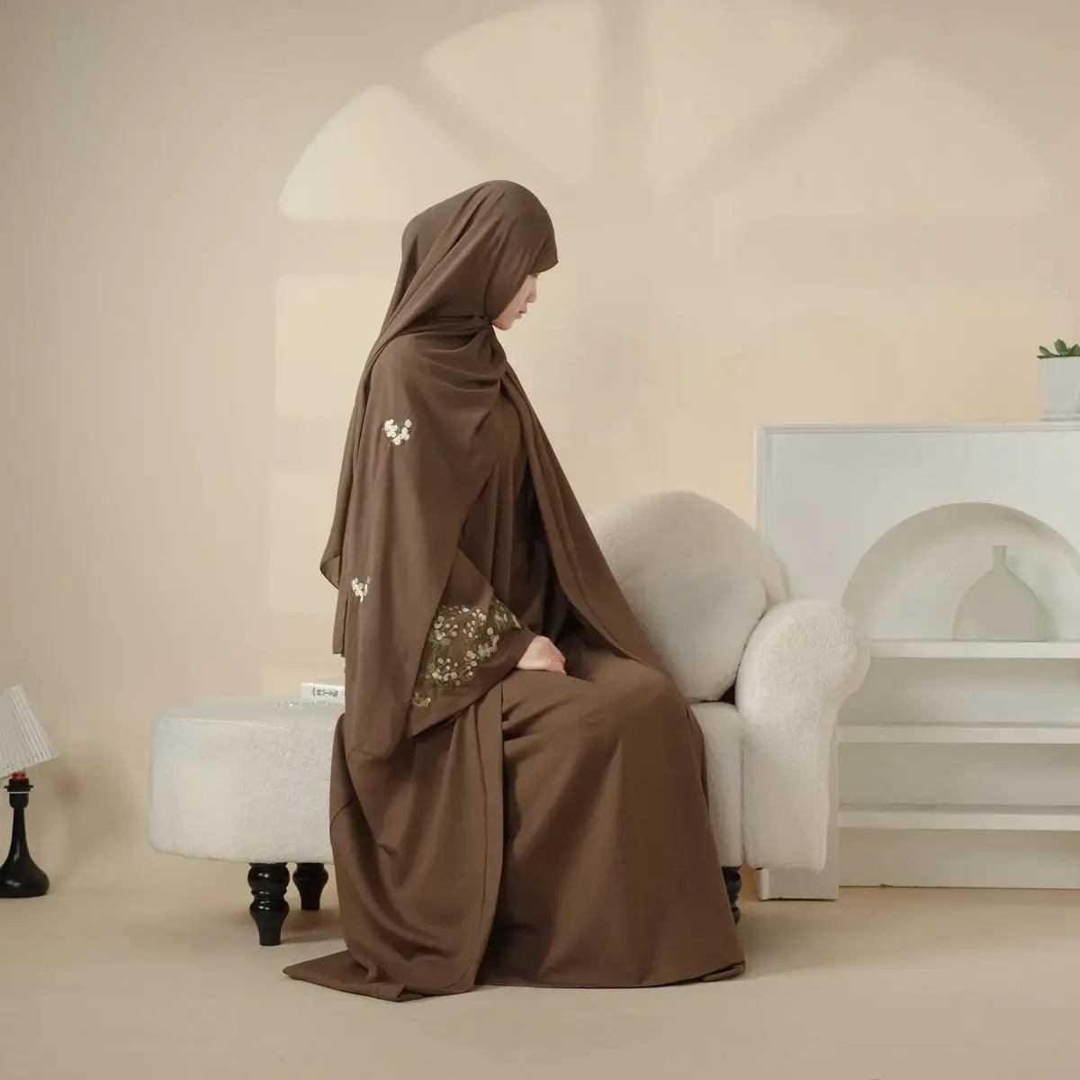 Mariam's Collection Olive Branch Embroidered Linen Abaya Set With Matching Belt & Hijab (MOA037) — product on model